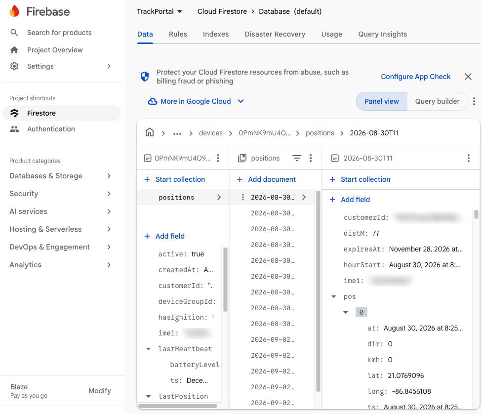 Firestore console with position documents